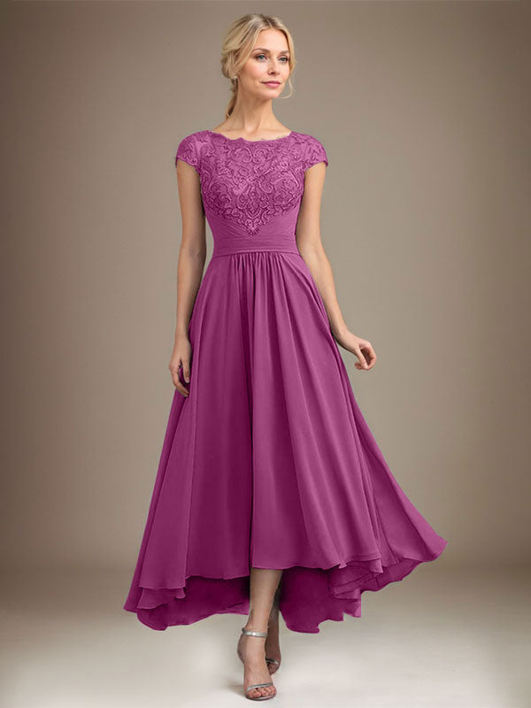 A-Linien-Kleid aus Chiffon mit asymmetrischem, plissiertem Spitzeneinsatz und Illusion-Ausschnitt für die Mutter der Braut 
