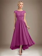 A-Linien-Kleid aus Chiffon mit asymmetrischem, plissiertem Spitzeneinsatz und Illusion-Ausschnitt für die Mutter der Braut 