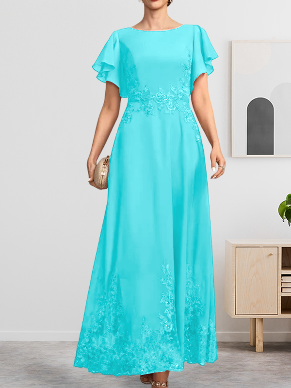 A-Linien-Kleid mit Rundhalsausschnitt, knöchellang, aus Spitze und Chiffon, mit Pailletten besetzt
