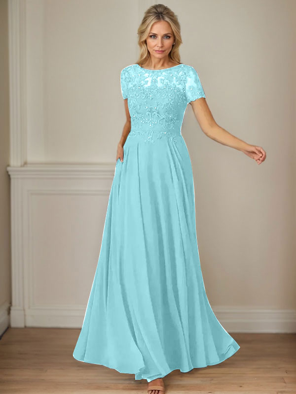 Dunkelblaues A-Linien-Pailletten-Chiffonkleid mit U-Boot-Ausschnitt 