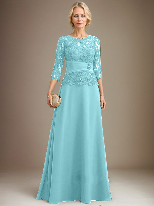 Vestido de gasa con encaje y escote en A, ilusión, largo hasta el suelo, para madre de la novia, con lentejuelas plisadas y abalorios 