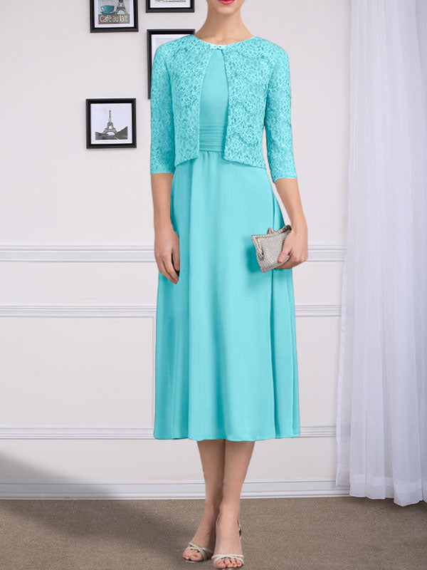 Vestido de gasa para madre de la novia, corte A, escote redondo, largo hasta la rodilla, con pliegues