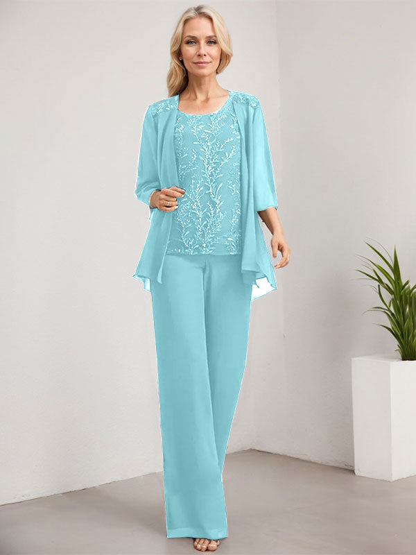 Zweiteiliger Jumpsuit/Hosenanzug, bodenlanges Chiffon-Kleid mit Spitze und Pailletten für die Mutter der Braut
