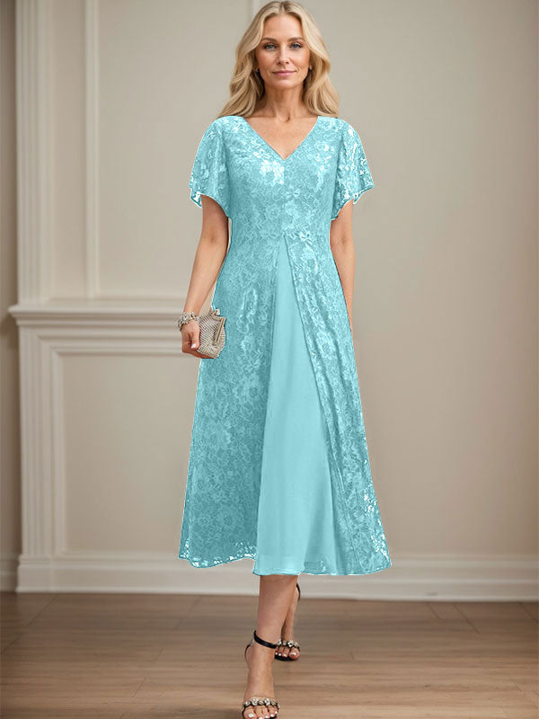 A-Linien-Kleid aus Chiffon mit V-Ausschnitt und Teelänge für die Mutter der Braut 