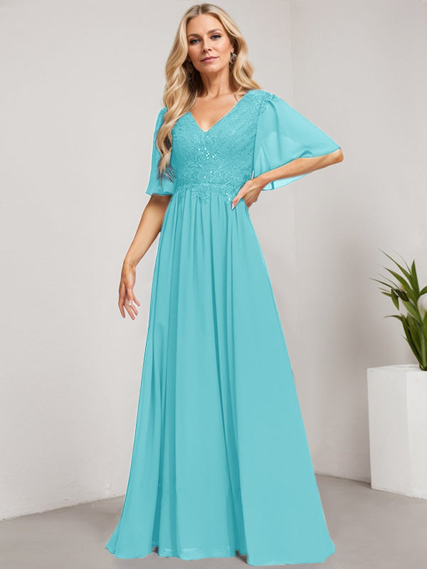 Vestido de gasa con encaje y lentejuelas para madre de la novia, corte A, escote en V y largo hasta el suelo 