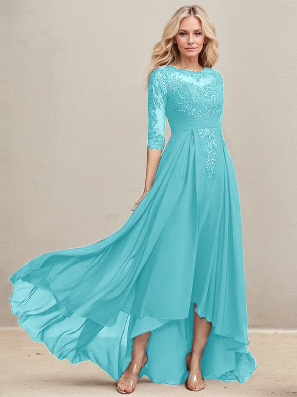 A-Linien-Kleid mit asymmetrischem Ausschnitt, Illusion-Effekt, Spitze und Chiffon, verziert mit plissierten Pailletten, ideal für die Mutter der Braut 