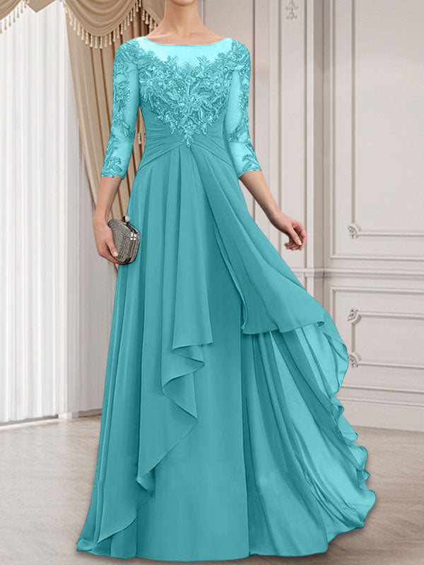A-Linien-Kleid mit U-Boot-Ausschnitt, Illusion-Effekt, bodenlang, aus Chiffon und Spitze, mit Kaskadenrüschen – perfekt für die Mutter der Braut