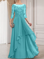 A-Linien-Kleid mit U-Boot-Ausschnitt, Illusion-Effekt, bodenlang, aus Chiffon und Spitze, mit Kaskadenrüschen – perfekt für die Mutter der Braut