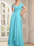 A-Linien-Kleid mit herzförmigem Herzausschnitt, bodenlang, aus Chiffon und Spitze, mit Perlenstickerei und Kaskadenrüschen – ideal für die Mutter der Braut