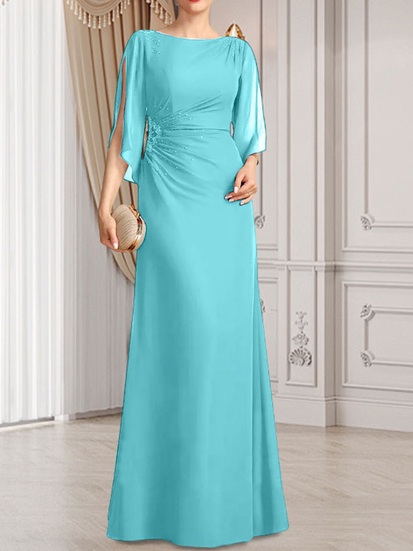 Etui-/Säulen-Chiffonkleid in Bodenlänge für die Mutter der Braut mit plissierter Perlenstickerei