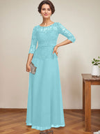 A-Linien-Kleid mit U-Boot-Ausschnitt, Illusion-Detail, knöchellang, aus Chiffon und Spitze mit Strassperlen für die Mutter der Braut. 