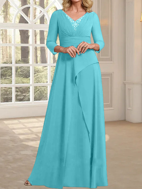 A-Linien-Kleid aus Chiffon mit V-Ausschnitt, bodenlang, für die Mutter der Braut, mit plissierter Perlenstickerei