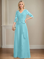 A-Linien-Kleid aus Chiffon mit V-Ausschnitt, bodenlang, mit Spitze, Kaskadenrüschen und Pailletten für die Mutter der Braut 