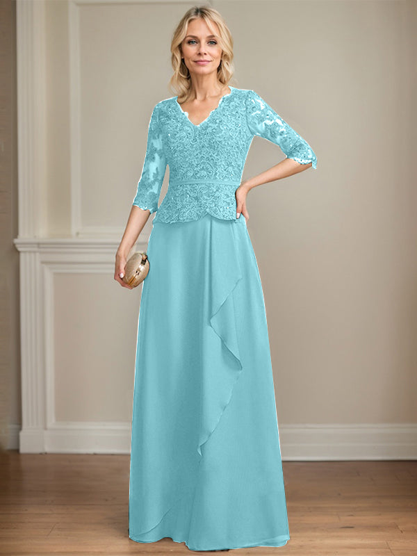 Vestido de gasa con encaje y escote en V hasta el suelo para madre de la novia con volantes en cascada y lentejuelas 