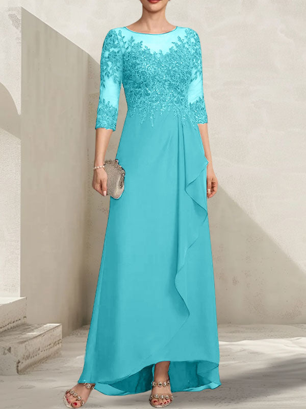 A-Linien-Kleid mit asymmetrischem, transparentem Chiffon-Spitzenausschnitt, Pailletten und Kaskadenrüschen für die Mutter der Braut