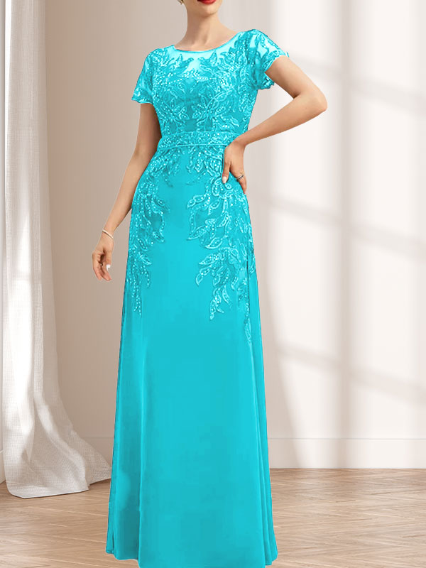 Etuikleid/Säulenkleid mit Illusion-Ausschnitt, bodenlang, aus Chiffon und Spitze mit Pailletten für die Mutter der Braut