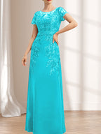 Etuikleid/Säulenkleid mit Illusion-Ausschnitt, bodenlang, aus Chiffon und Spitze mit Pailletten für die Mutter der Braut