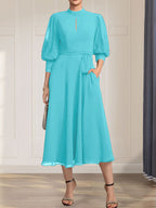 A-Linien-Kleid aus Chiffon mit hohem Kragen, Teelänge und Spitze für die Mutter der Braut, verziert mit einer Schleife
