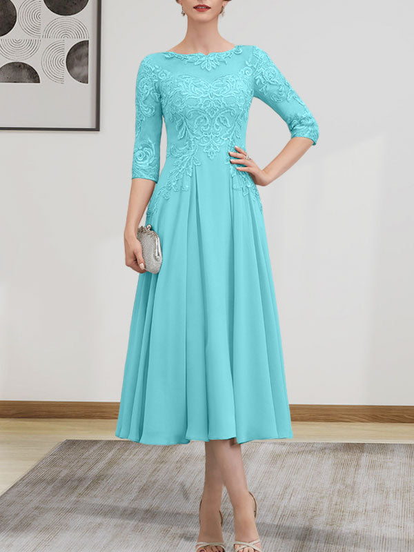 A-Linien-Kleid mit U-Boot-Ausschnitt, Illusion-Detail, Teelänge, Chiffonspitze, Perlenstickerei und Pailletten für die Mutter der Braut