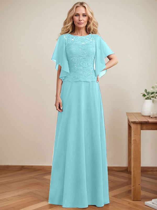 A-Linien-Kleid mit Rundhalsausschnitt, Illusion-Effekt, bodenlang, aus Chiffon und Spitze mit Pailletten – das perfekte Brautmutterkleid 