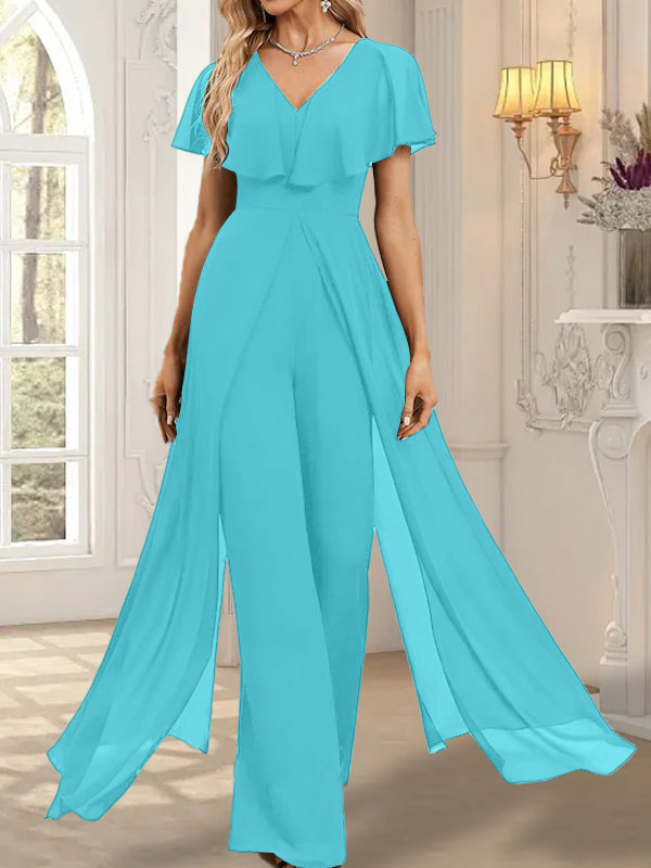 Vestido de noche de gasa con escote en V y largo hasta el suelo, tipo mono/pantalón