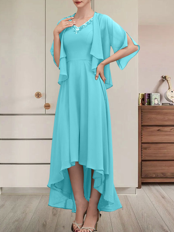 A-Linien-Kleid aus Chiffon mit V-Ausschnitt, asymmetrischem Muster und Perlen- und Paillettenbesatz für die Mutter der Braut