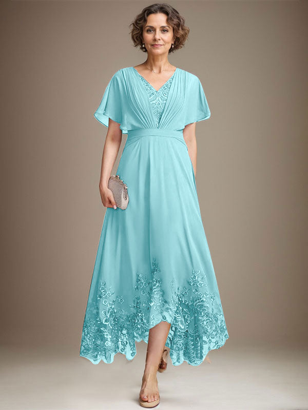 A-Linien-Kleid aus Chiffon mit asymmetrischem V-Ausschnitt und Spitze für die Mutter der Braut mit Falten