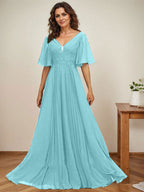 A-Linien-Kleid aus Chiffon mit V-Ausschnitt, bodenlang, mit Paillettenapplikationen, Spitze und Falten für die Mutter der Braut 