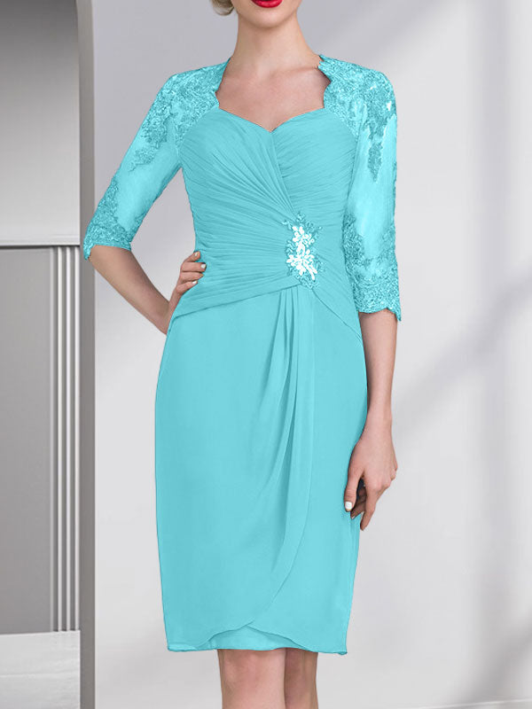 Vestido de gasa para madre de la novia, con escote en forma de corazón, largo hasta la rodilla, con apliques de cuentas, encaje y lentejuelas, plisado.