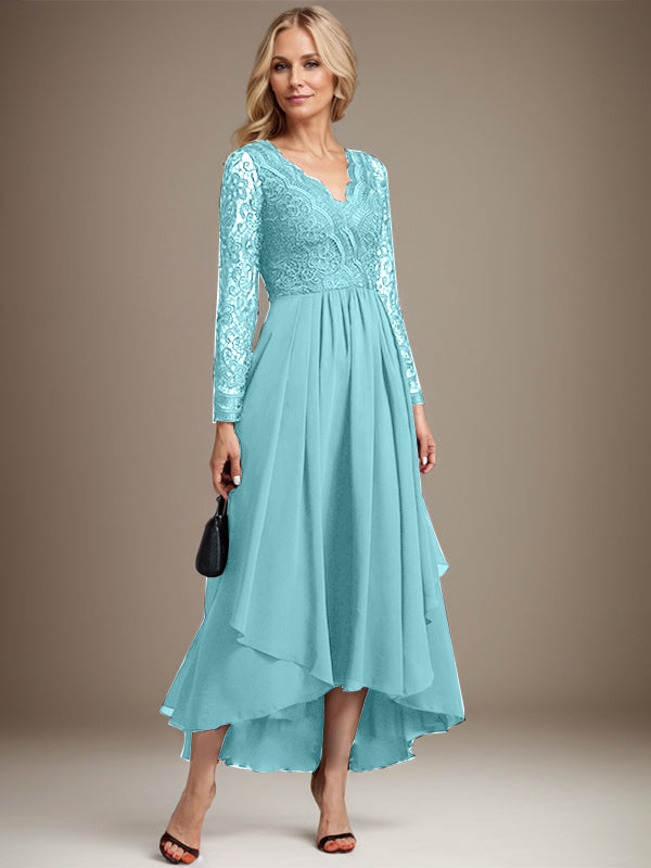 A-Linien-Kleid aus Chiffon mit V-Ausschnitt und asymmetrischer Spitze für die Mutter der Braut