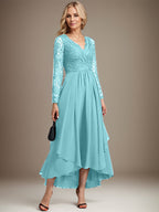 A-Linien-Kleid aus Chiffon mit V-Ausschnitt und asymmetrischer Spitze für die Mutter der Braut