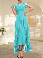 A-Linien-Kleid mit asymmetrischem Chiffon-Spitzenausschnitt, Schleife, Rüschen und Pailletten für die Mutter der Braut 