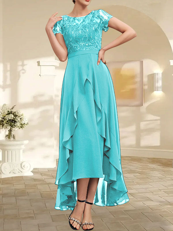 Vestido de madre de la novia de gasa asimétrica con escote en A, ilusión, encaje, lazo, volantes y lentejuelas 