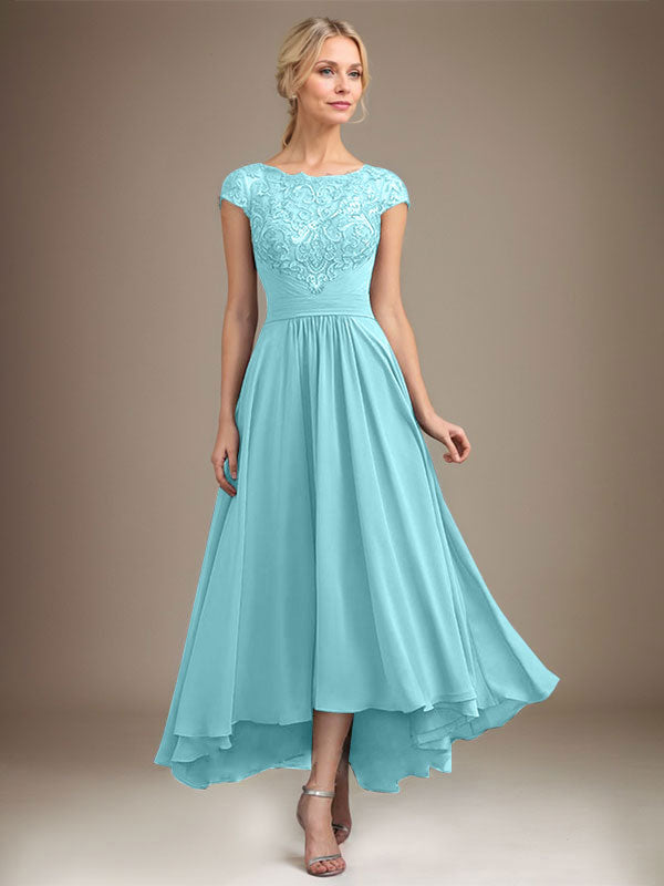 A-Linien-Kleid aus Chiffon mit asymmetrischem, plissiertem Spitzeneinsatz und Illusion-Ausschnitt für die Mutter der Braut 
