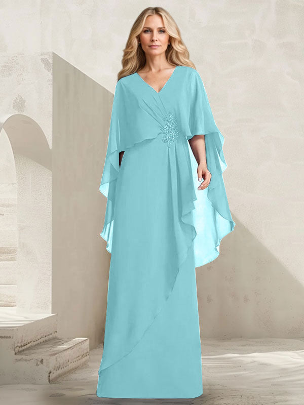 A-Linien-Kleid aus Chiffon mit V-Ausschnitt, bodenlang, mit Kaskadenrüschen und Perlenstickerei für die Mutter der Braut. 