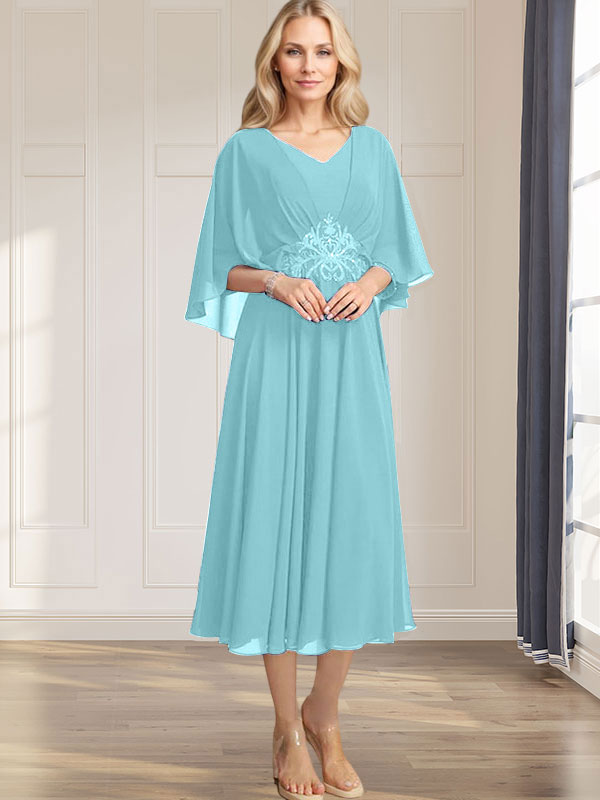 A-Linien-Kleid aus Chiffon mit V-Ausschnitt, Teelänge, plissierten Paillettenapplikationen und Perlenstickerei für die Mutter der Braut 
