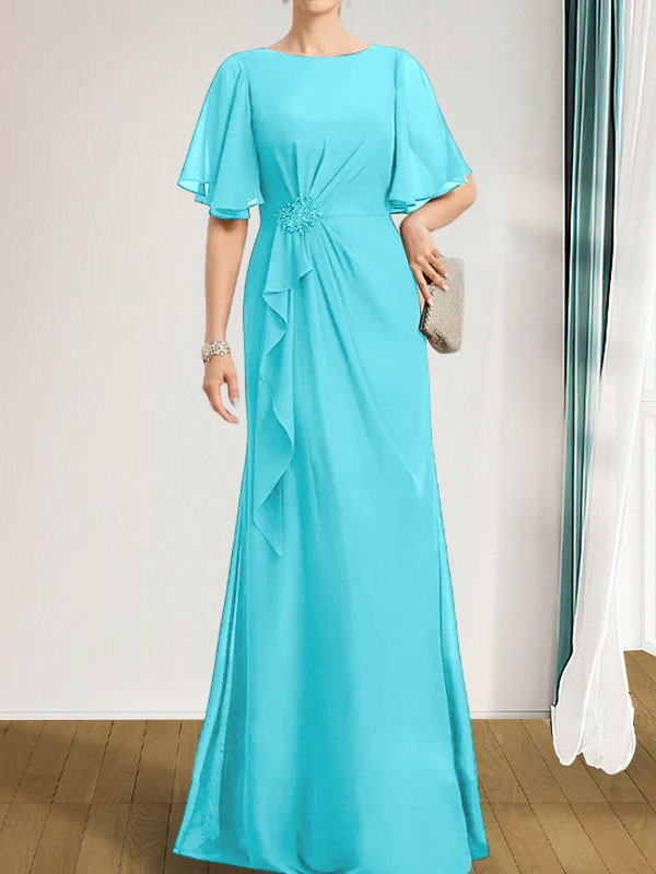 A-Linien-Kleid aus Chiffon in Bodenlänge für die Mutter der Braut mit kaskadenartigen Rüschen, Perlen und Pailletten