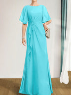 A-Linien-Kleid aus Chiffon in Bodenlänge für die Mutter der Braut mit kaskadenartigen Rüschen, Perlen und Pailletten