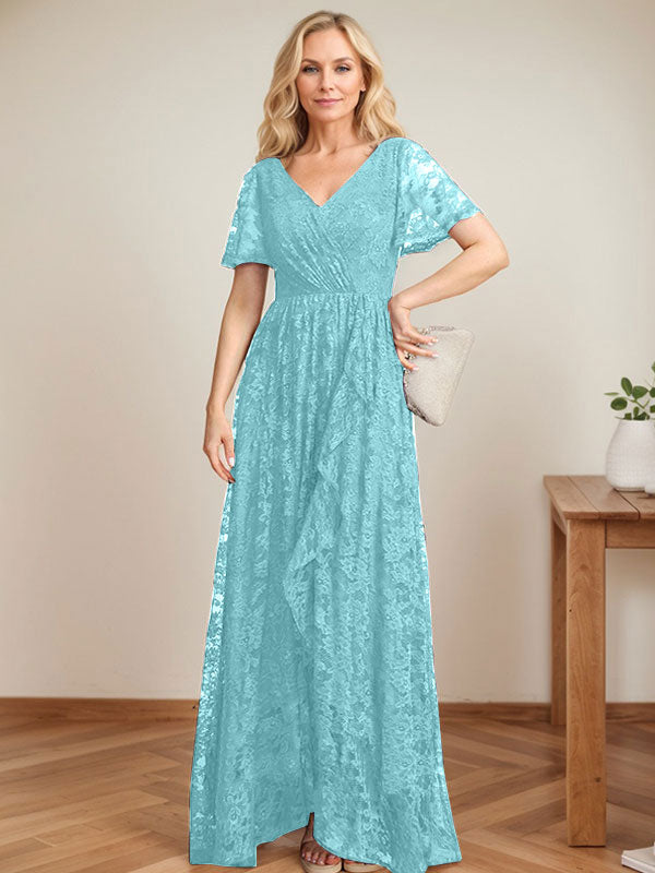 A-Linien-Kleid mit V-Ausschnitt, asymmetrischem Spitzenbesatz und Kaskadenrüschen für die Mutter der Braut 