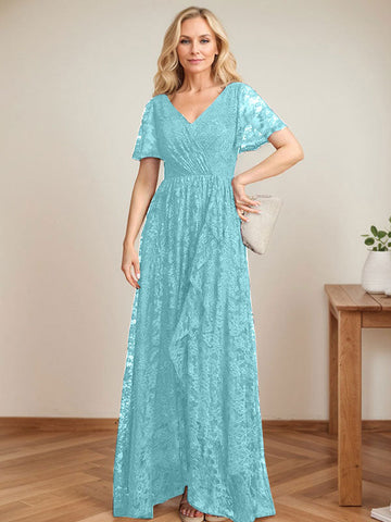 A-Linien-Kleid mit V-Ausschnitt, asymmetrischem Spitzenbesatz und Kaskadenrüschen für die Mutter der Braut 