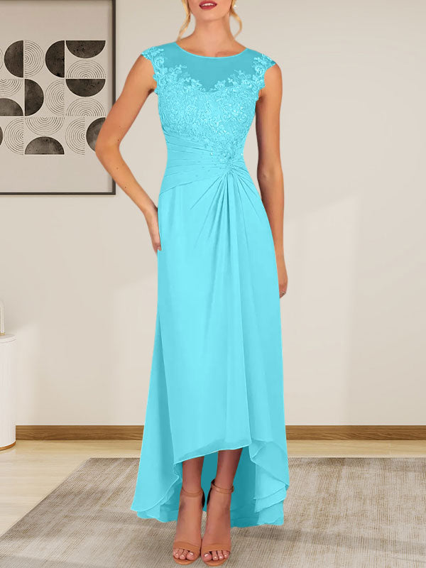 Champagnerfarbenes A-Linien-Chiffonkleid mit Rundhalsausschnitt und Spitze