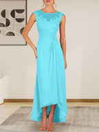 Champagnerfarbenes A-Linien-Chiffonkleid mit Rundhalsausschnitt und Spitze