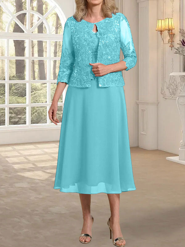 Vestido de gasa con encaje y lentejuelas para madre de la novia, corte A, escote redondo y largo hasta la rodilla 