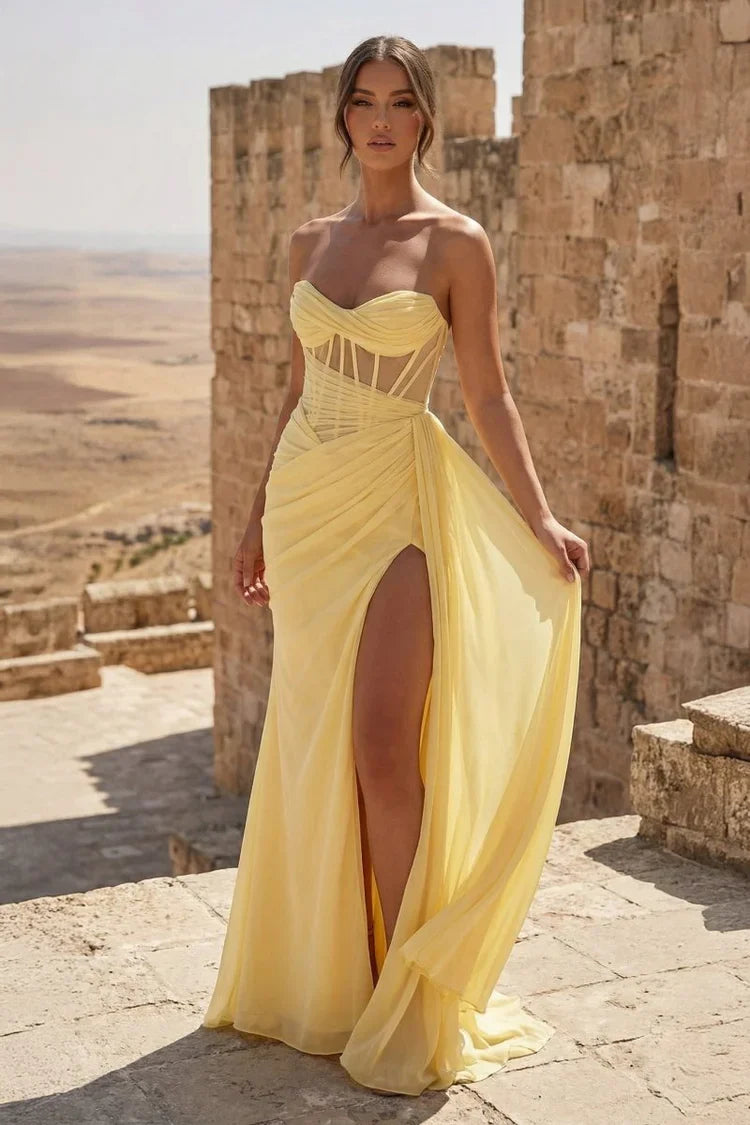 Vestidos de Fiesta Largos de Corsé sin Tirantes con Cordones en la Espalda y Abertura Alta Color Aqua