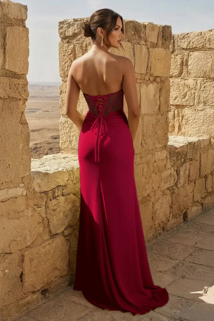 Vestidos de Fiesta Largos de Corsé sin Tirantes con Cordones en la Espalda y Abertura Alta Color Aqua