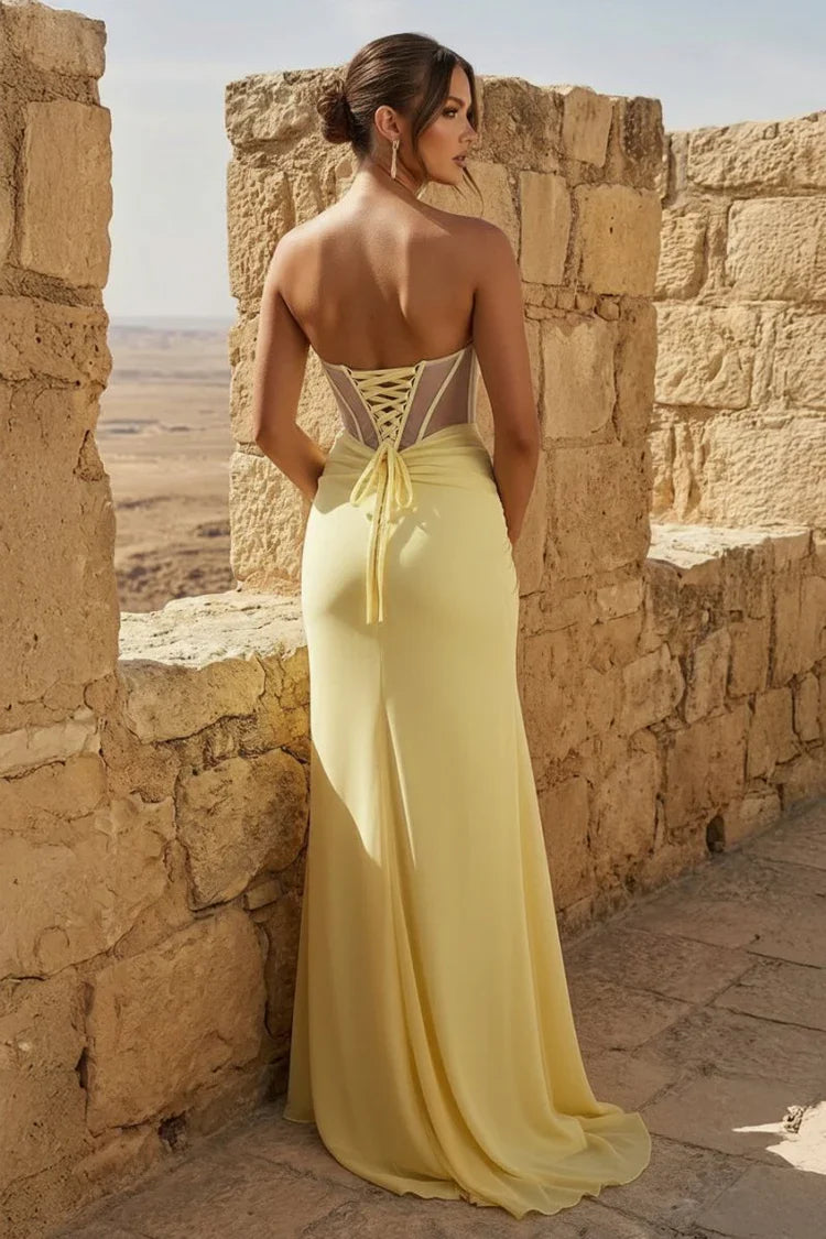 Vestidos de Fiesta Largos de Corsé sin Tirantes con Cordones en la Espalda y Abertura Alta Color Aqua