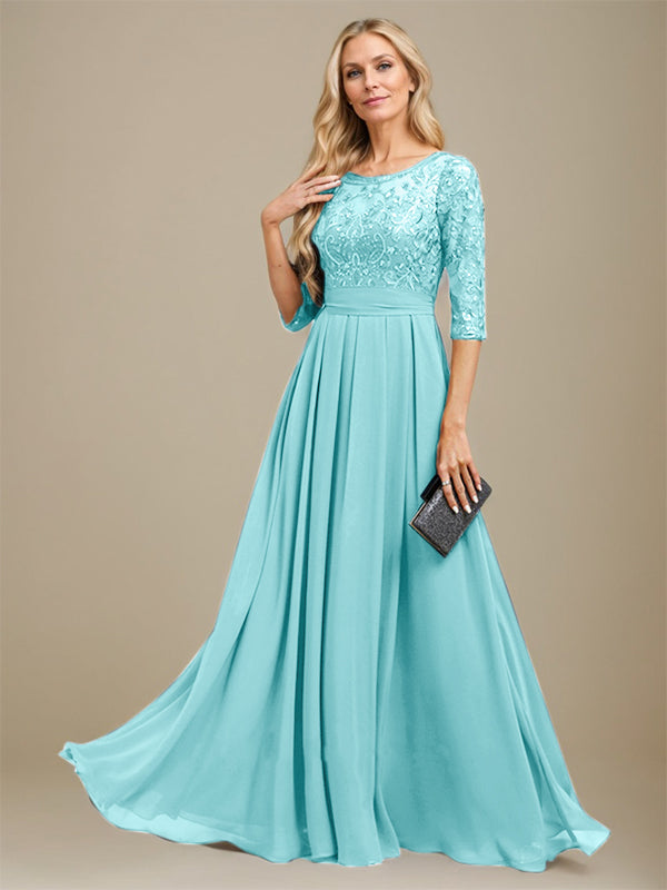 A-Linien-Kleid aus Chiffon mit Paillettenapplikationen und Rundhalsausschnitt, bodenlang, für die Mutter der Braut 