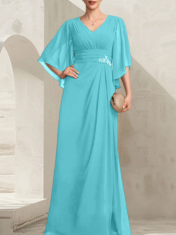 Vestido de gasa para madre de la novia, con escote en V, largo hasta el suelo, con lentejuelas plisadas y abalorios.