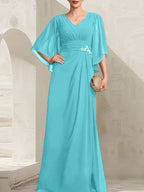 Vestido de gasa para madre de la novia, con escote en V, largo hasta el suelo, con lentejuelas plisadas y abalorios.