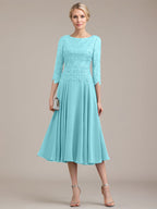 A-Linien-Kleid aus Chiffon mit Rundhalsausschnitt und Teelänge für die Mutter der Braut 